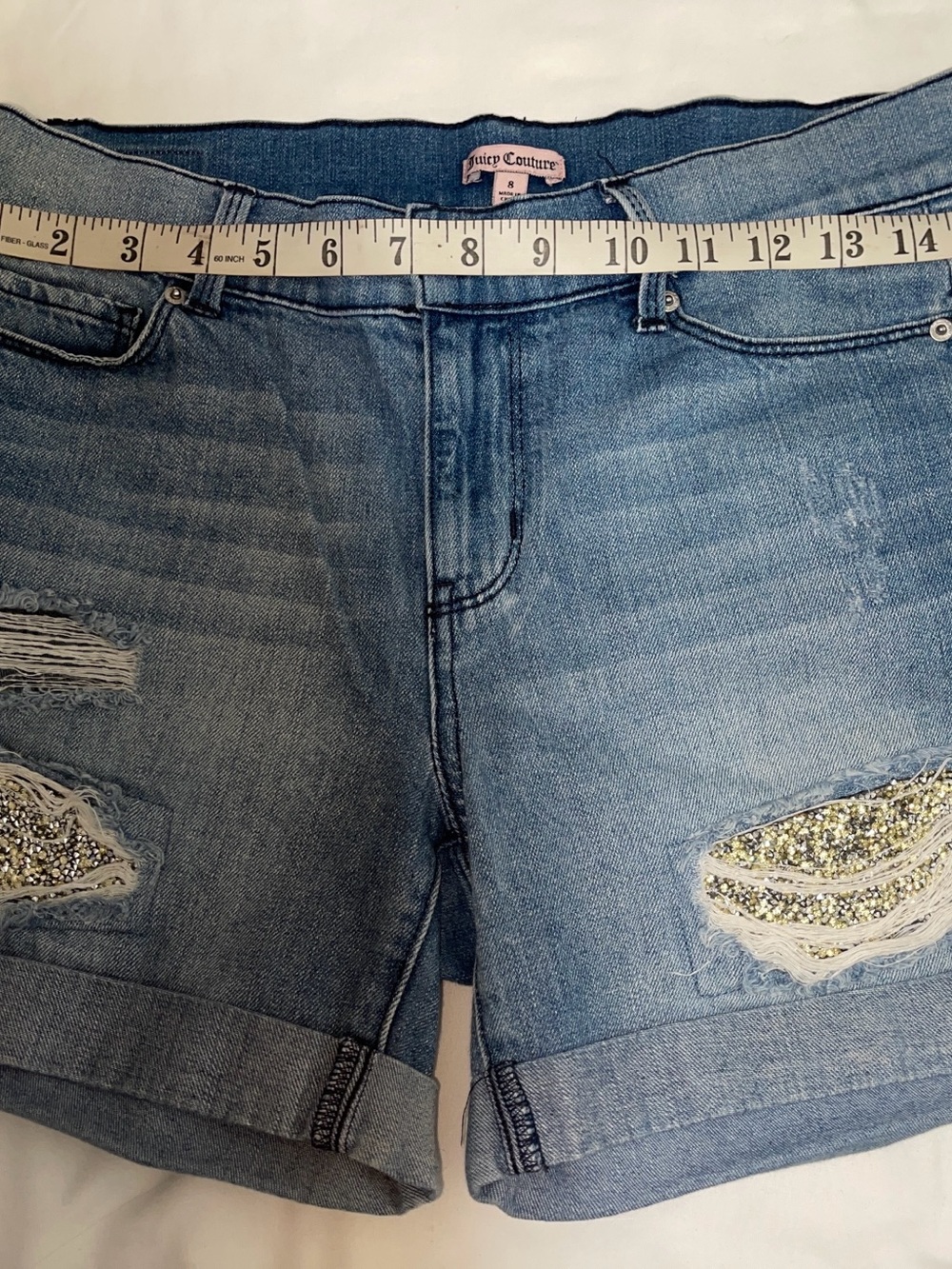 JUICY COUTURE Women’s Sequined Rolled Hem Stretch-Denim Shorts Sz 8 SKU: 0825-34
